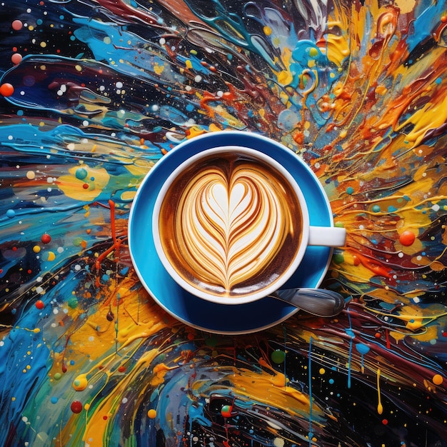Foto vista dall'alto di colorate tazze di vernice astratta di caffè latte art nella caffetteria