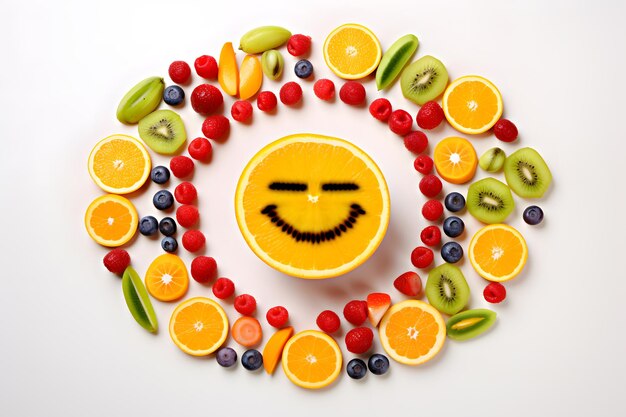 Foto vista dall'alto di una disposizione colorata di frutti che formano una faccina sorridente che simboleggia la felicità