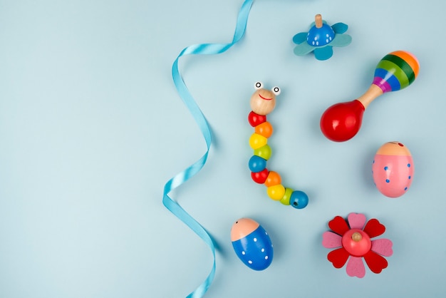 Top view of colorful baby toys