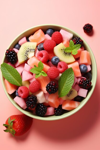 Top view of colorful bowl of mixed fruit salad with blueberries