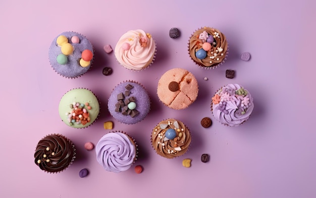 Photo a top view colorful cupcakes on a pastel background sweet dessert bakery food ai generated