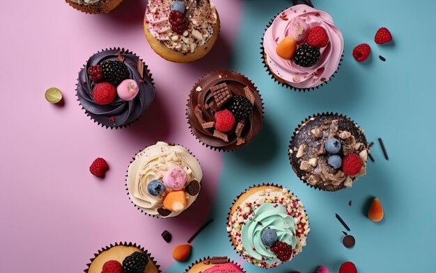 Foto una vista dall'alto cupcakes colorati su uno sfondo pastello dolce dessert panetteria cibo ai generato