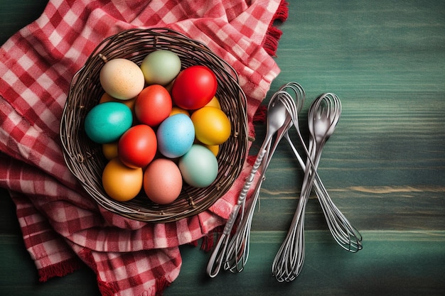 Top view of colorful easter eggs in basket with kitchen utensils and copy space