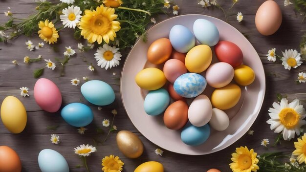 Top view of colorful easter eggs on plate with chamomile flowers and copy space