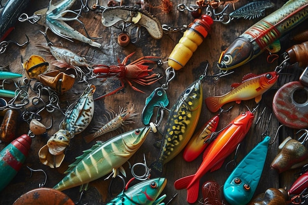 Top view of colorful fishing bait with copy space