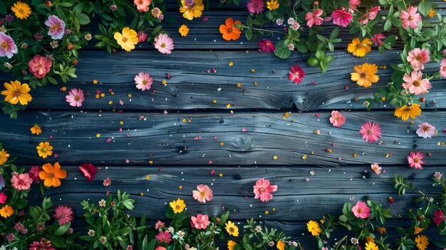 Top View of Colorful Flowers and Petals Scattered on Rustic Wooden Background for Spring or Summer