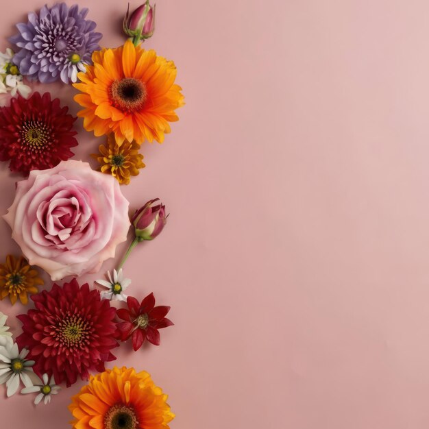 Top view of colorful flowers with copy space on a dark red background