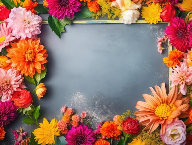 Top view of Colorful flowers with empty frame