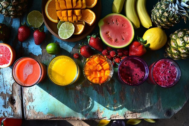 写真 上から見ると色とりどりの果物とジュース