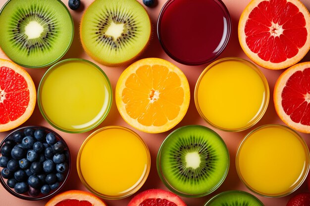 Top view colorful fruit and juices