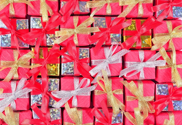 Top view of colorful gifts as background