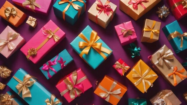 Top view colorful gifts on table