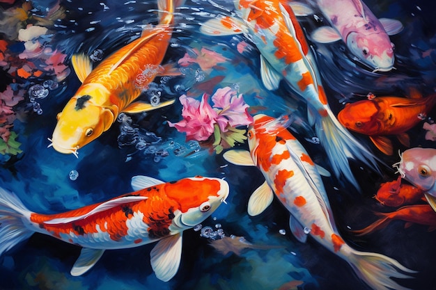 Top view colorful koi fishes