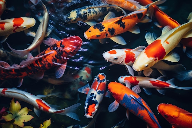 Top view colorful koi fishes