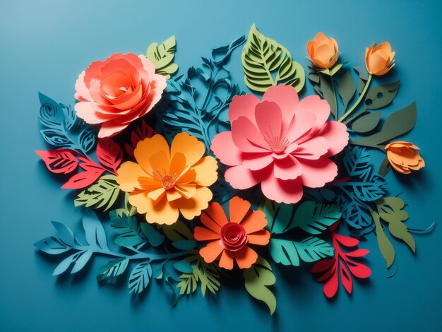 top view of colorful paper cut flowers with green leaves on blue background with copy space