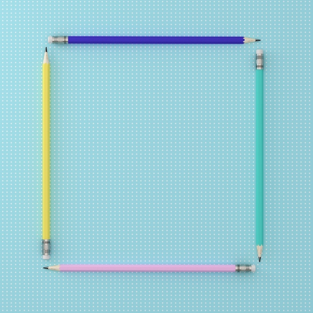 Top view of colorful Pencils around square shape on blue pastel paper background. 