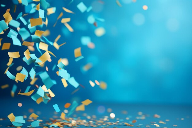 Top view of colorful round confetti on a light blue wooden background