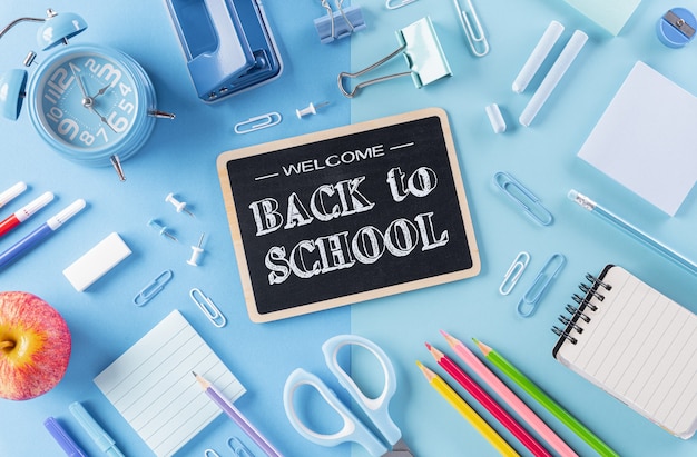 Top view of Colorful school supplies for back to school concept