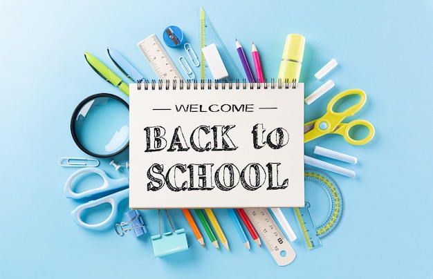 top view of colorful school supplies for back to school concept
