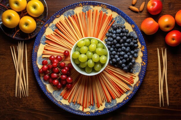 Photo top view of colorful toothpicks next to a plate of assorted fruits