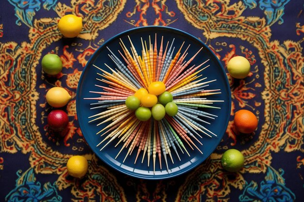 Top view of colorful toothpicks next to a plate of assorted fruits