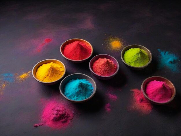 top view of colorful traditional holi powder in bowls isolated on dark backgroundSpace for text