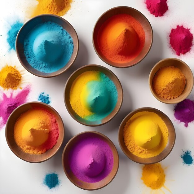 Top view of colorful traditional holi powder in bowls isolated on white