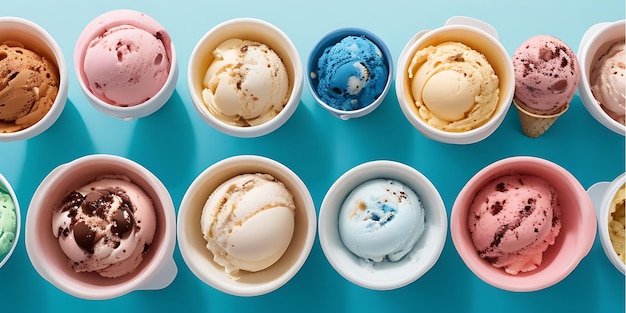 Photo top view of colorful variety ice cream in bowls on blue background