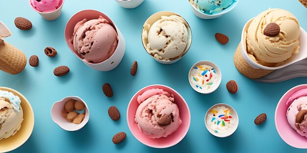 Top view of colorful variety ice cream in bowls on blue background