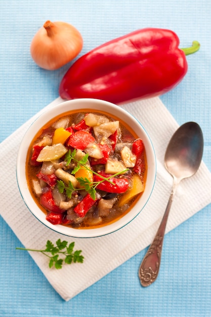 Top view on colorful vegetable stew in a bowl