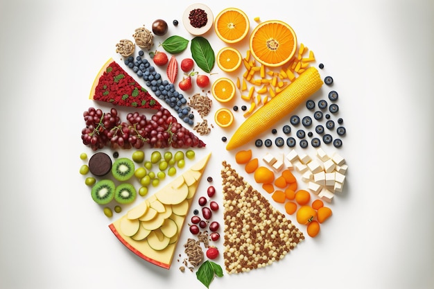 Вид сверху на комбинацию питательных пищевых элементов, выделенных на белом фоне