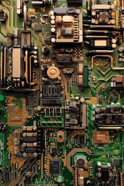 Top view of a complex circuit board created with generative ai