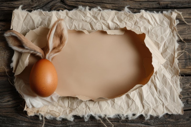 Photo top view composition of easter decorations with yellow painted eggs funny bunny ears