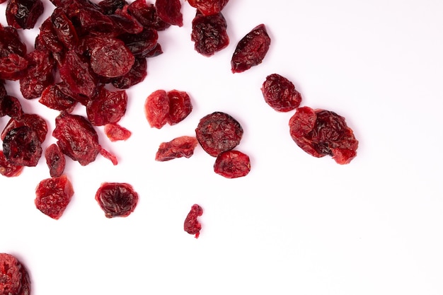 Top view composition of healthy organic dried red cranberries