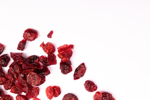 Top view composition of healthy organic dried red cranberries