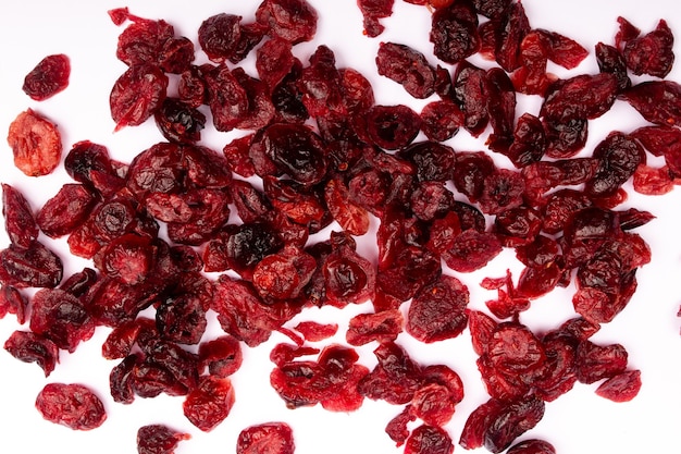 Top view composition of healthy organic dried red cranberries