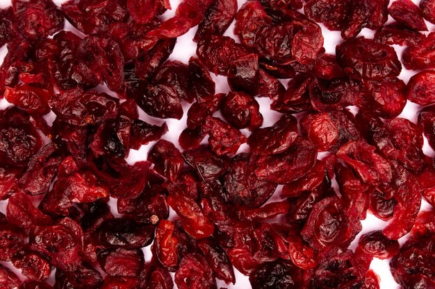 Top view composition of healthy organic dried red cranberries