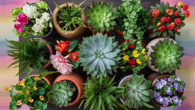 Top view composition of plants in pots