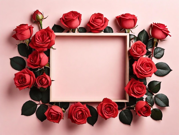 Top view composition of red rose and white frame with empty space for text on soft pink background