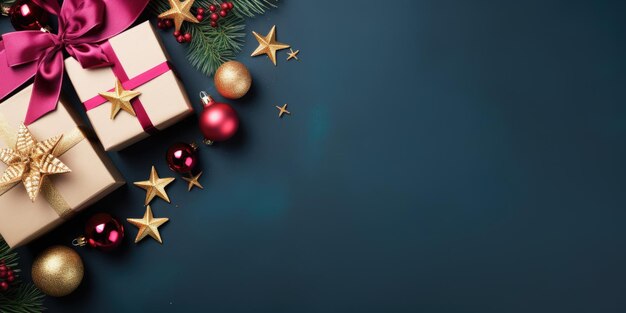 Top view of composition with Christmas decorations and copy space on green background New Year winter banner Generative AI