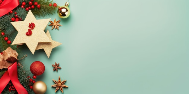 Top view of composition with Christmas decorations and copy space on green background New Year winter banner Generative AI