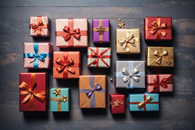 Top view composition of wrapped gifts with copy space