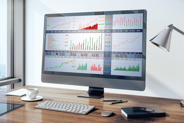 Top view computer monitor with stock chart supplies and other items on wooden table Mock up 3D Rendering