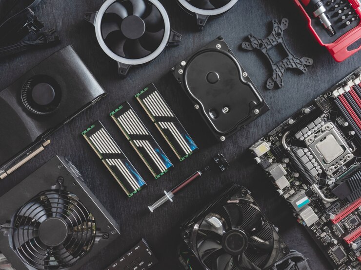 Photo top view of computer parts with hard disk, ram, cpu, graphics card, and motherboard 