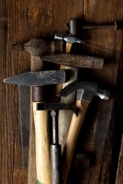 Photo top view  construction hammers still life