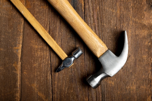 Top view  construction hammers still life