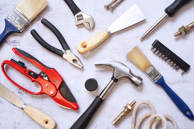 Top view of construction and maintenance tooling set for handyman in pattern