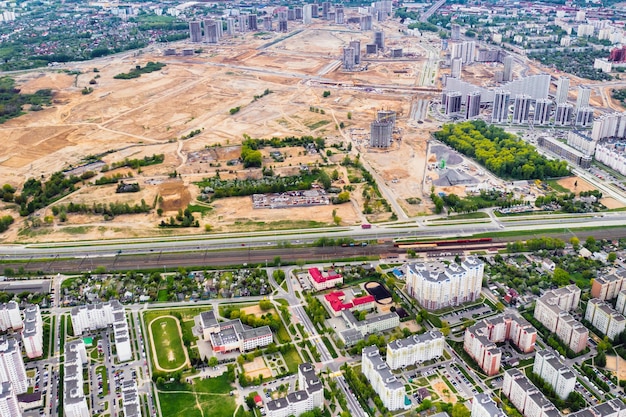 Top view of the construction site and the city