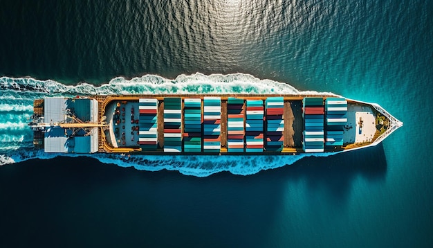 Top view of a container ship freight transportation by a container ship on the high sea Generative AI