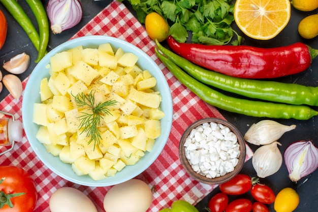 top view cooked cabbage slices with fresh vegetables greens and eggs on dark background lunch photo food salad health meal color diet